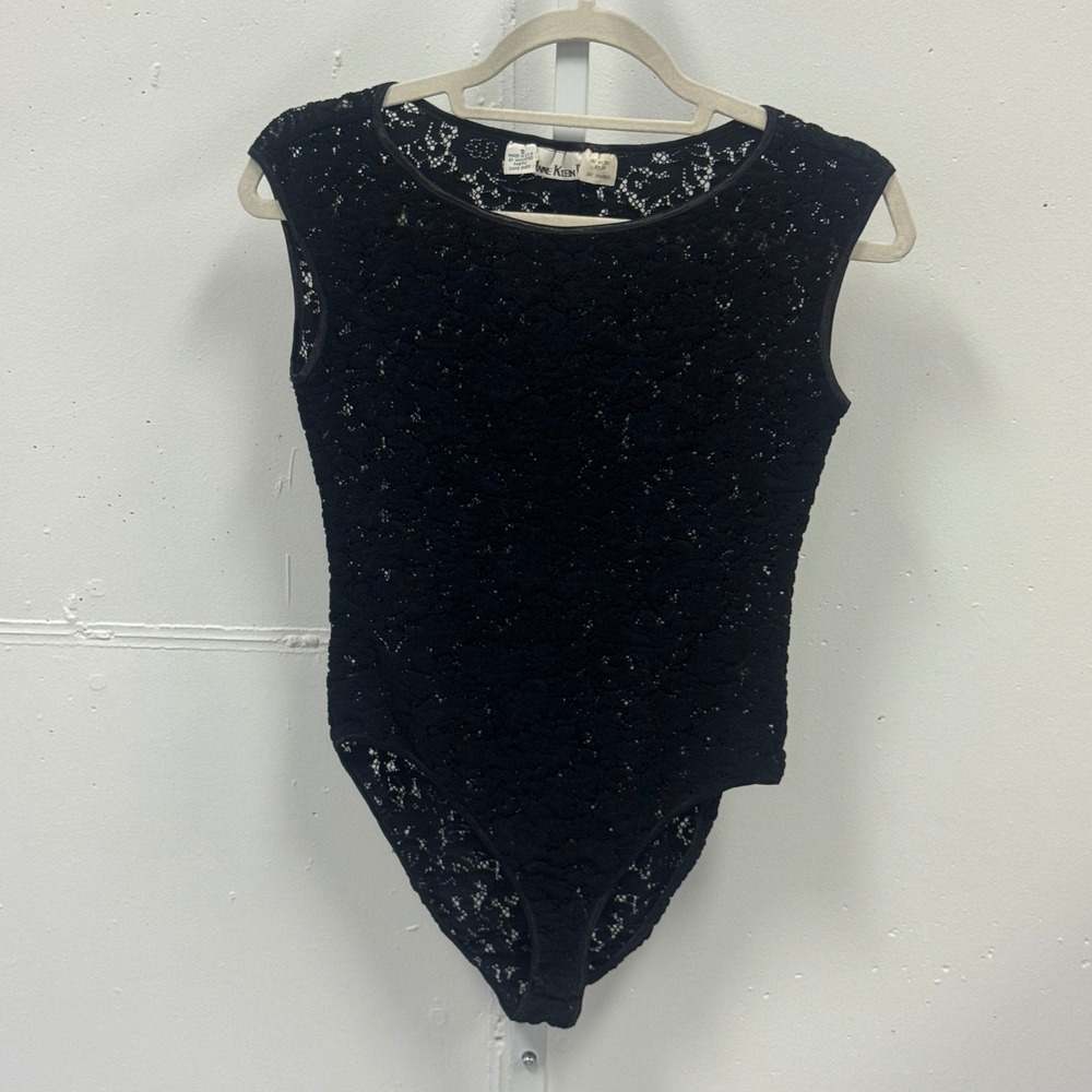 Vintage 90s Anne Klein II Black Floral Lace Sleeveless Bodysuit Vintage Small